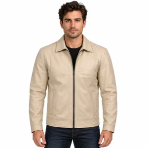 Beige Leather Harrington Jacket
