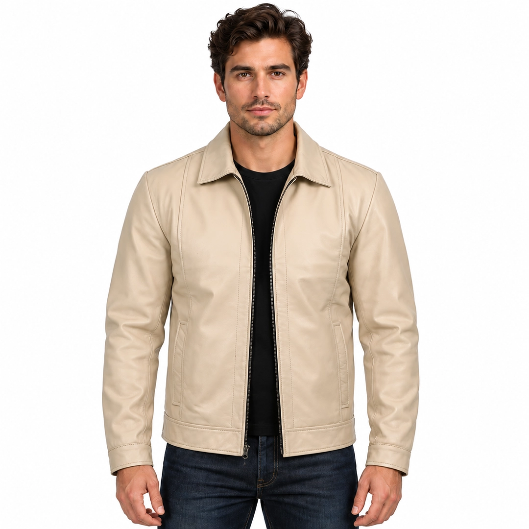 Beige Leather Harrington Jacket front