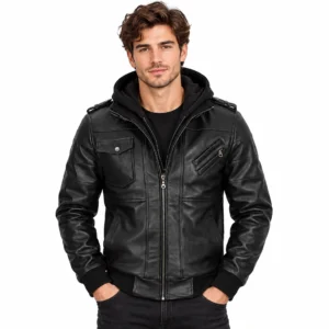 Black Leather Bomber Jacket with Removable Hood