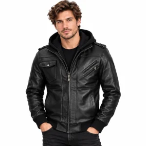 Black Leather Bomber Jacket with Removable Hood front