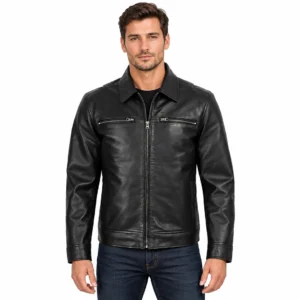 Black Leather Harrington Style Jacket