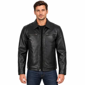 Black Leather Harrington Style Jacket front