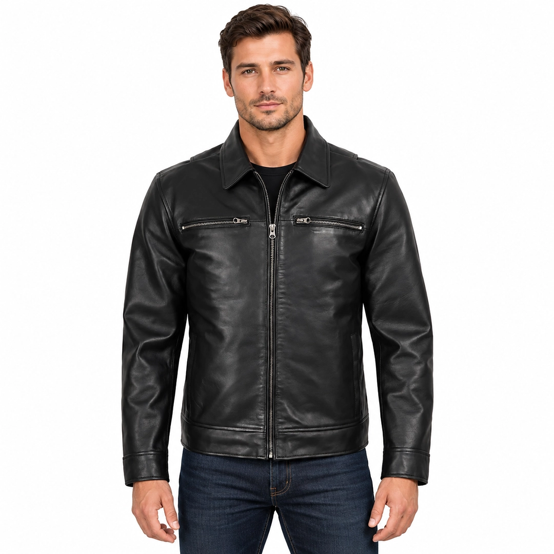 Black Leather Harrington Style Jacket