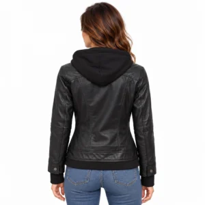 Black Leather Jacket with Removable Hood back