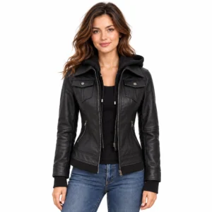 Black Leather Jacket with Removable Hood front