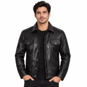 Black Leather Shirt Collar Trucker Jacket