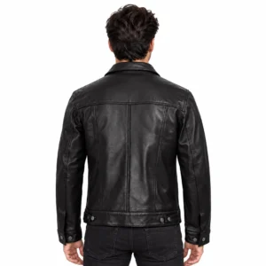 Black Leather Shirt Collar Trucker Jacket back