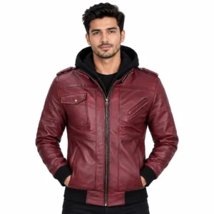 Burgundy Leather Bomber Jacket with Removable Hood