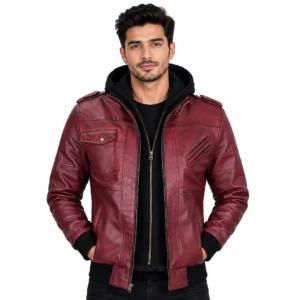 Burgundy Leather Bomber Jacket with Removable Hood front