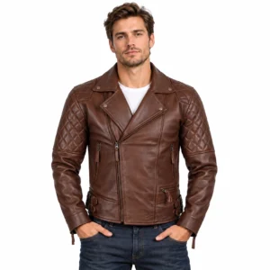 Mens Asymmetrical Cognac Leather Motorcycle Jacket with Quilted Design