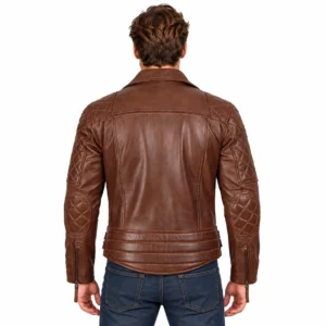 Mens Asymmetrical Cognac Leather Motorcycle Jacket with Quilted Design back