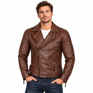 Mens Asymmetrical Cognac Leather Motorcycle Jacket with Quilted Design front