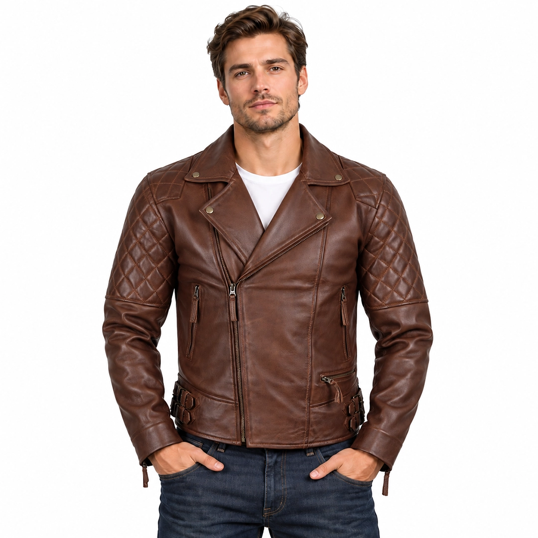 Mens Asymmetrical Cognac Leather Motorcycle Jacket with Quilted Design