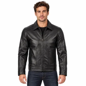 Men’s Black Leather Jacket with Shirt Collar