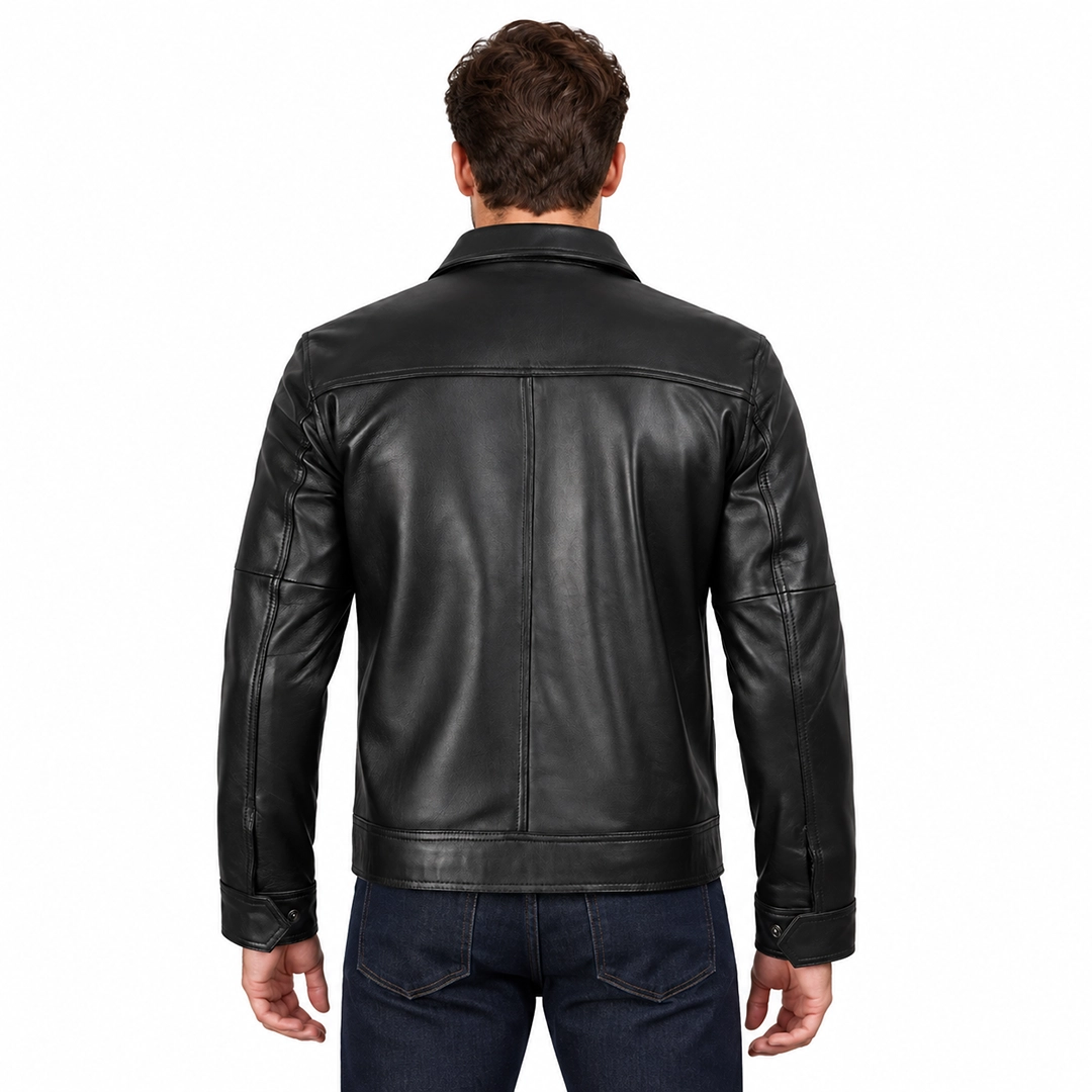 Men’s Black Leather Jacket with Shirt Collar back