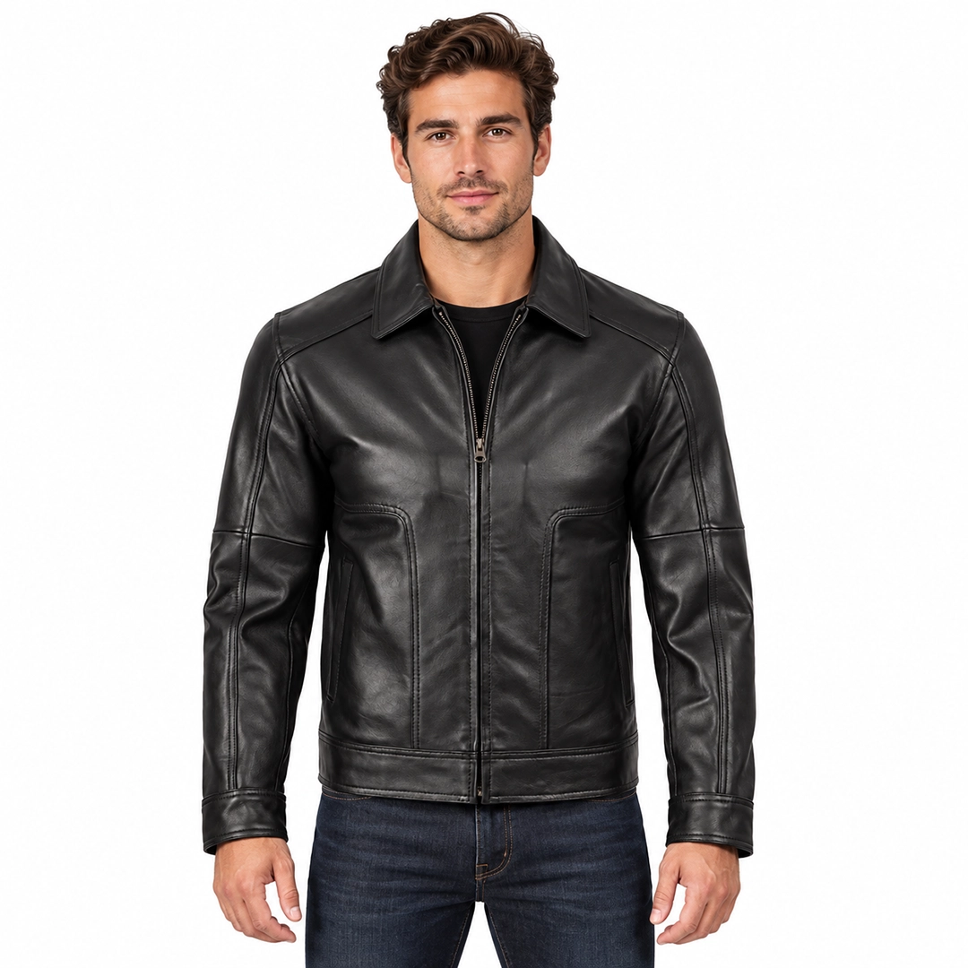Men’s Black Leather Jacket with Shirt Collar