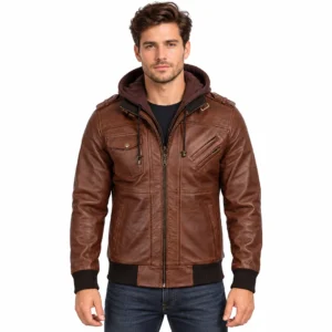 Mens Cognac Brown Flight Style Leather Bomber Jacket