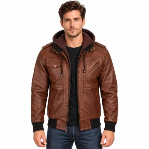 Mens Cognac Brown Flight Style Leather Bomber Jacket front