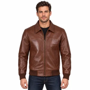 Mens Cognac Wax Leather Flight Jacket