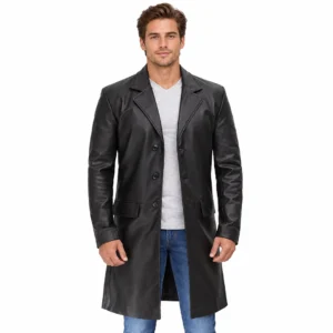 Mens Cowhide Leather Black Length Coat