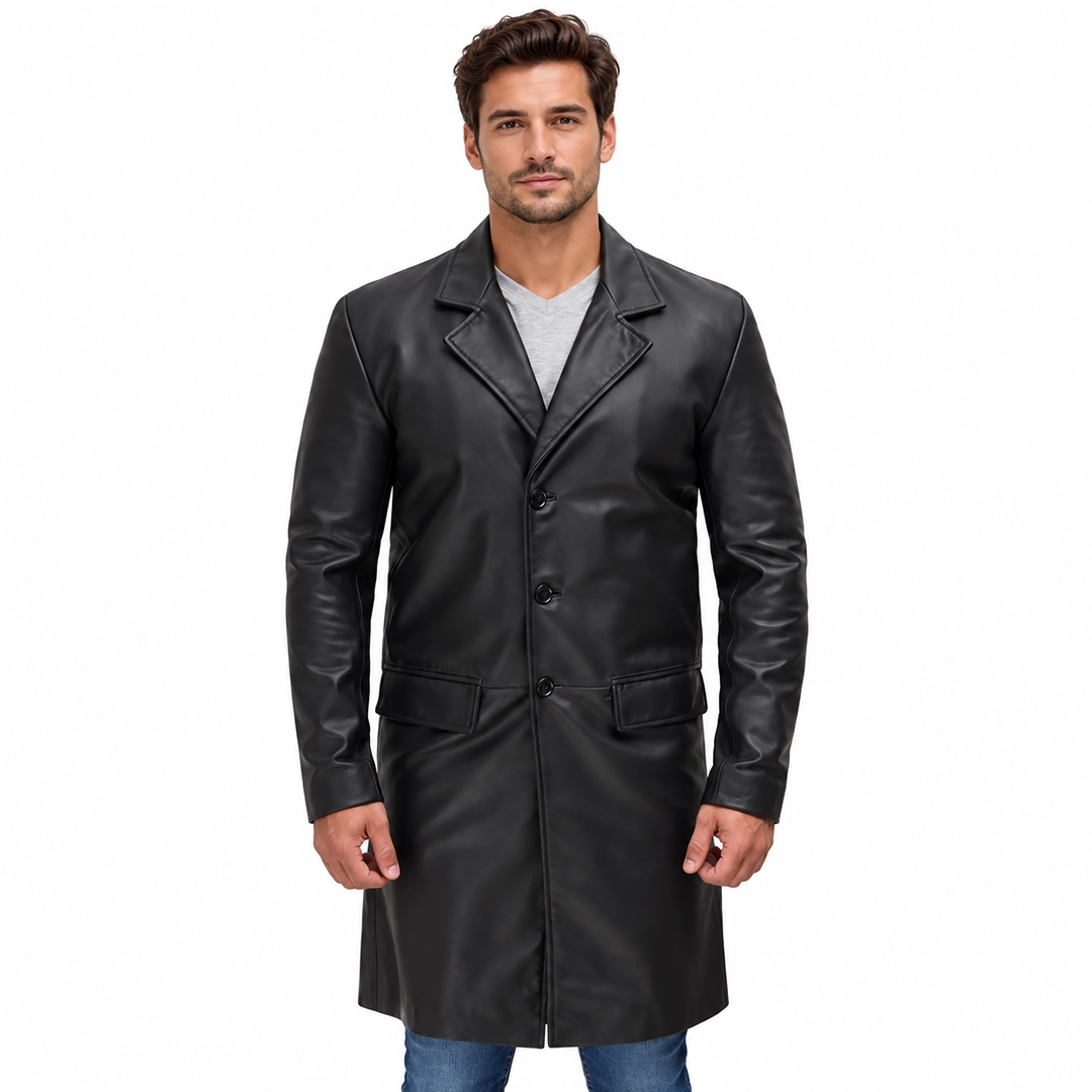 Mens Cowhide Leather Black Length Coat Front