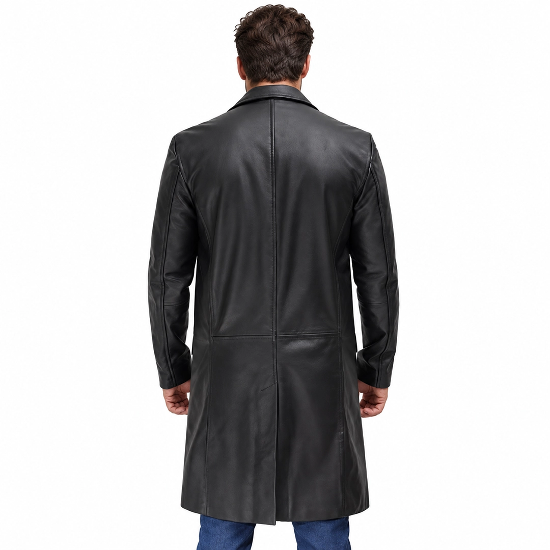 Mens Cowhide Leather Black Length Coat back
