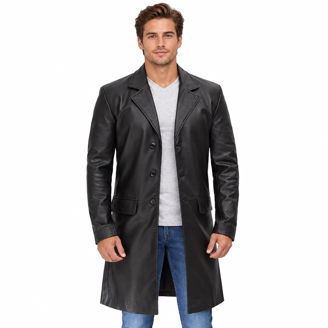 Mens Cowhide Leather Black Length Coat