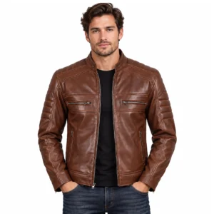 Mens Premium Waxed Cognac Leather Motorcycle Jacket