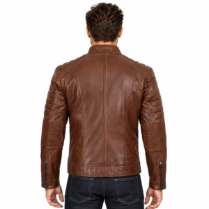 Mens Premium Waxed Cognac Leather Motorcycle Jacket BACK