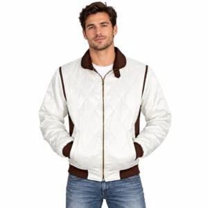 Mens White Quilted Scorpion Logo Bomber Jacket