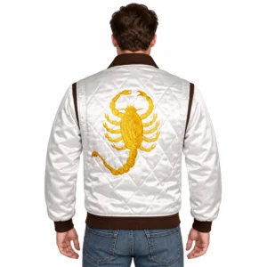 Mens White Quilted Scorpion Logo Bomber Jacket back