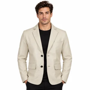 Off White Leather Blazer Jacket front