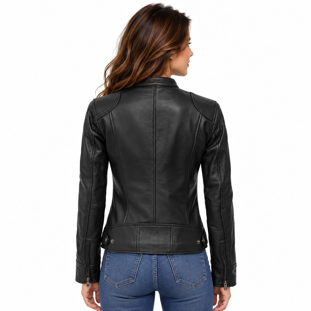 Women Black Leather Biker Style Jacket back