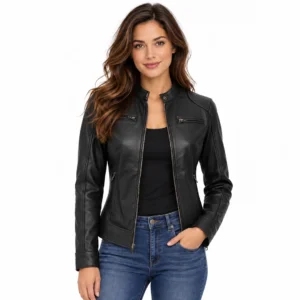 Women Black Leather Biker Style Jacket fornt