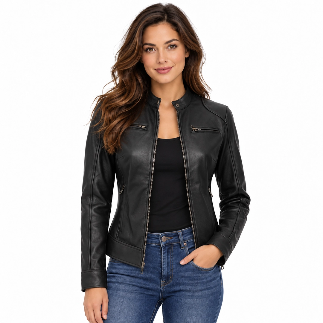 Women Black Leather Biker Style Jacket fornt