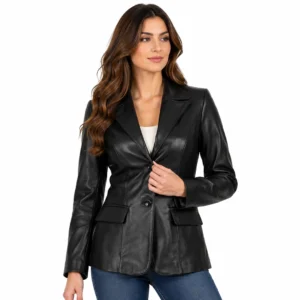 Women’s Black Leather Two-Button Blazer Jacket