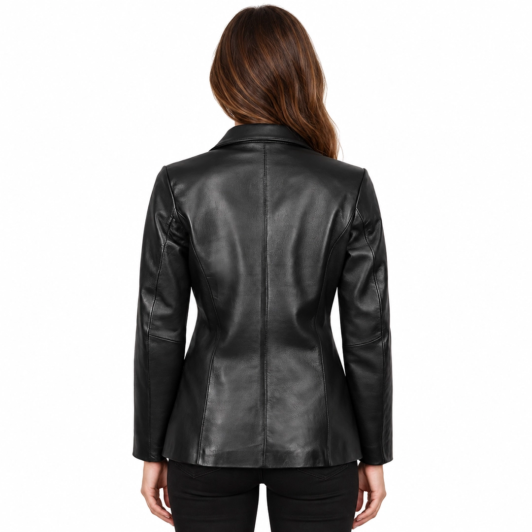 Women’s Black Leather Two-Button Blazer Jacket back