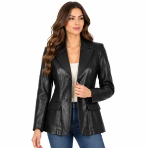 Women’s Black Leather Two-Button Blazer Jacket front