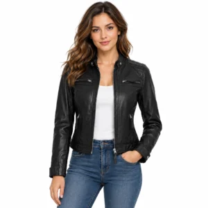 Womens Classic Black Cafe Racer Motorcycle Jacket