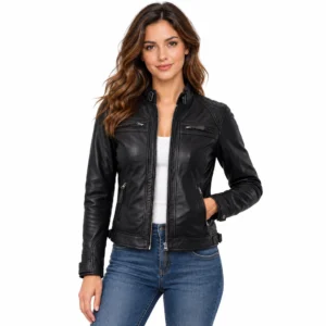 Womens Classic Black Cafe Racer Motorcycle Jacket front