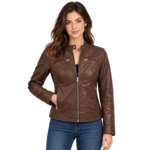 Women’s Dodge Cognac Brown Leather Jacket front