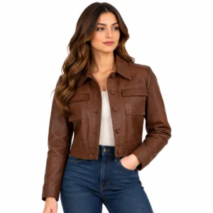 Womens Freddie Cognac Brown Cropped Genuine Leather Jacket front