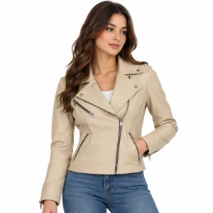 Women’s Ninfa Beige Real Leather Motorcycle Jacket