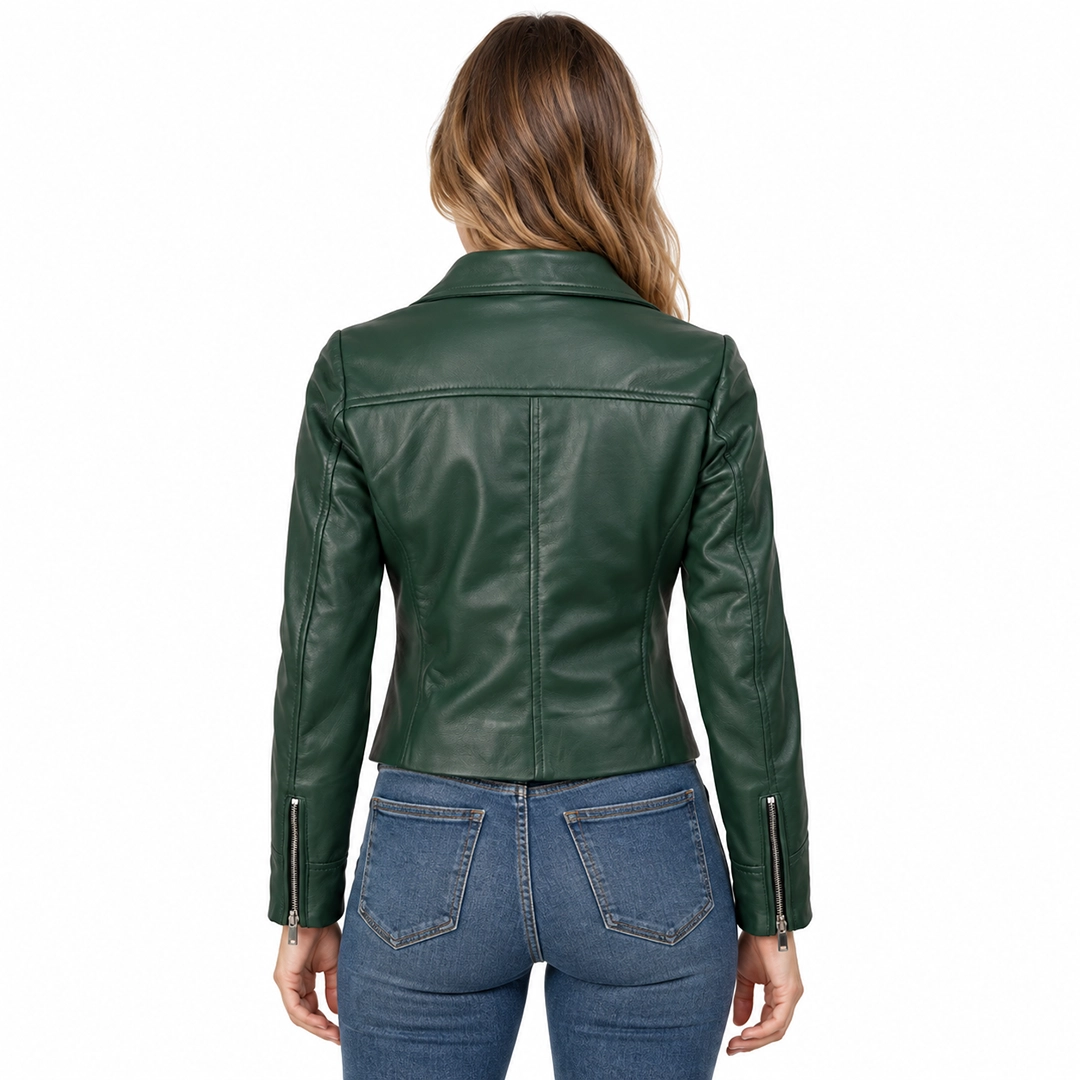 Womens Ninfa Green Real Leather Motorcycle Jacket back