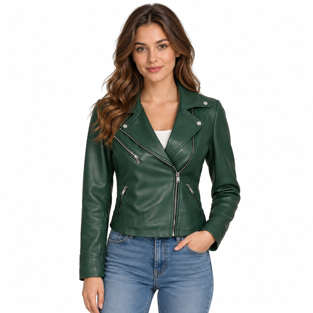 Womens Ninfa Green Real Leather Motorcycle Jacket