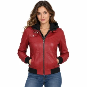 Womens Red Leather Hooded Jacket