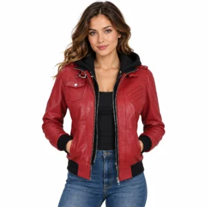 Womens Red Leather Hooded Jacket front