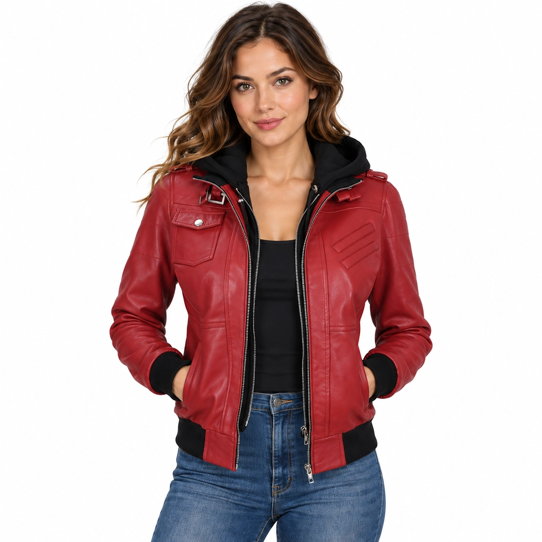Womens Red Leather Hooded Jacket front